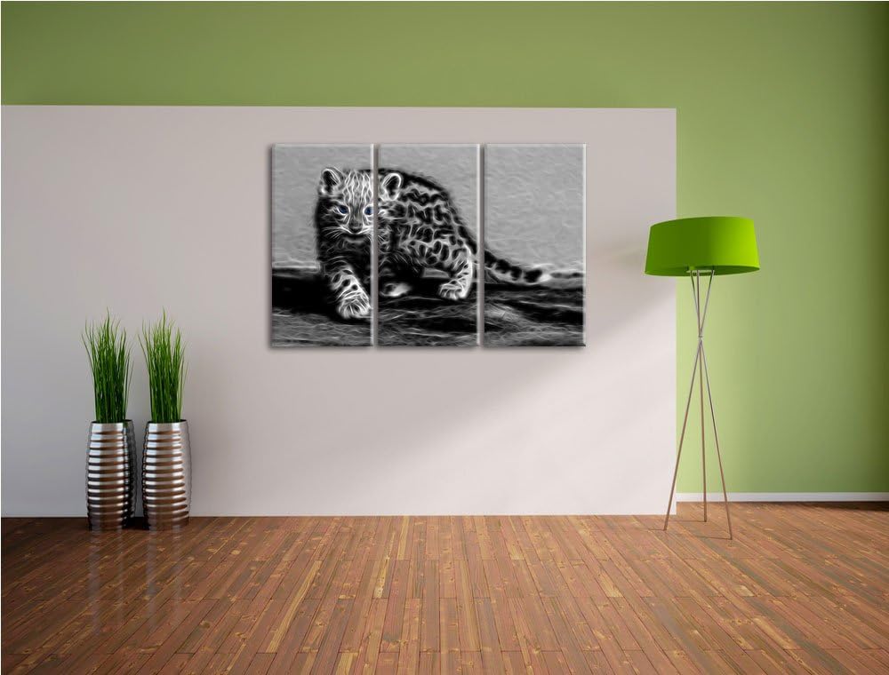 stolzierendes Leopardenjunges schwarz/weiss Deluxe 3-Teiler Leinwandbild 120x80 Bild auf Leinwand, X