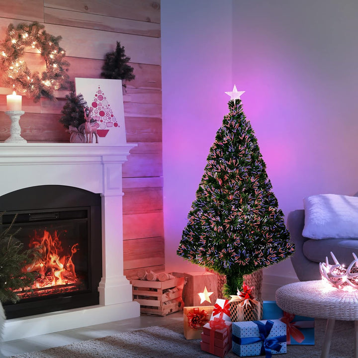HOMCOM Künstlicher Weihnachtsbaum mit LED Lichtfaser, 120 cm Tannenbaum mit Metallständer, Farbwechs