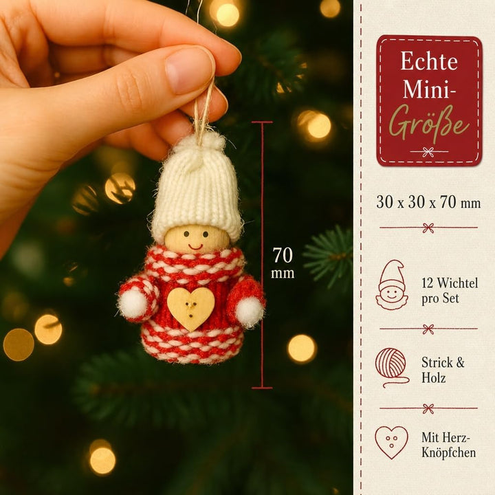 MIJOMA 12er Set Weihnachtswichtel – Handgemachter Baumschmuck aus Holz &amp; Stoff – Deko-Wichtel für Ta
