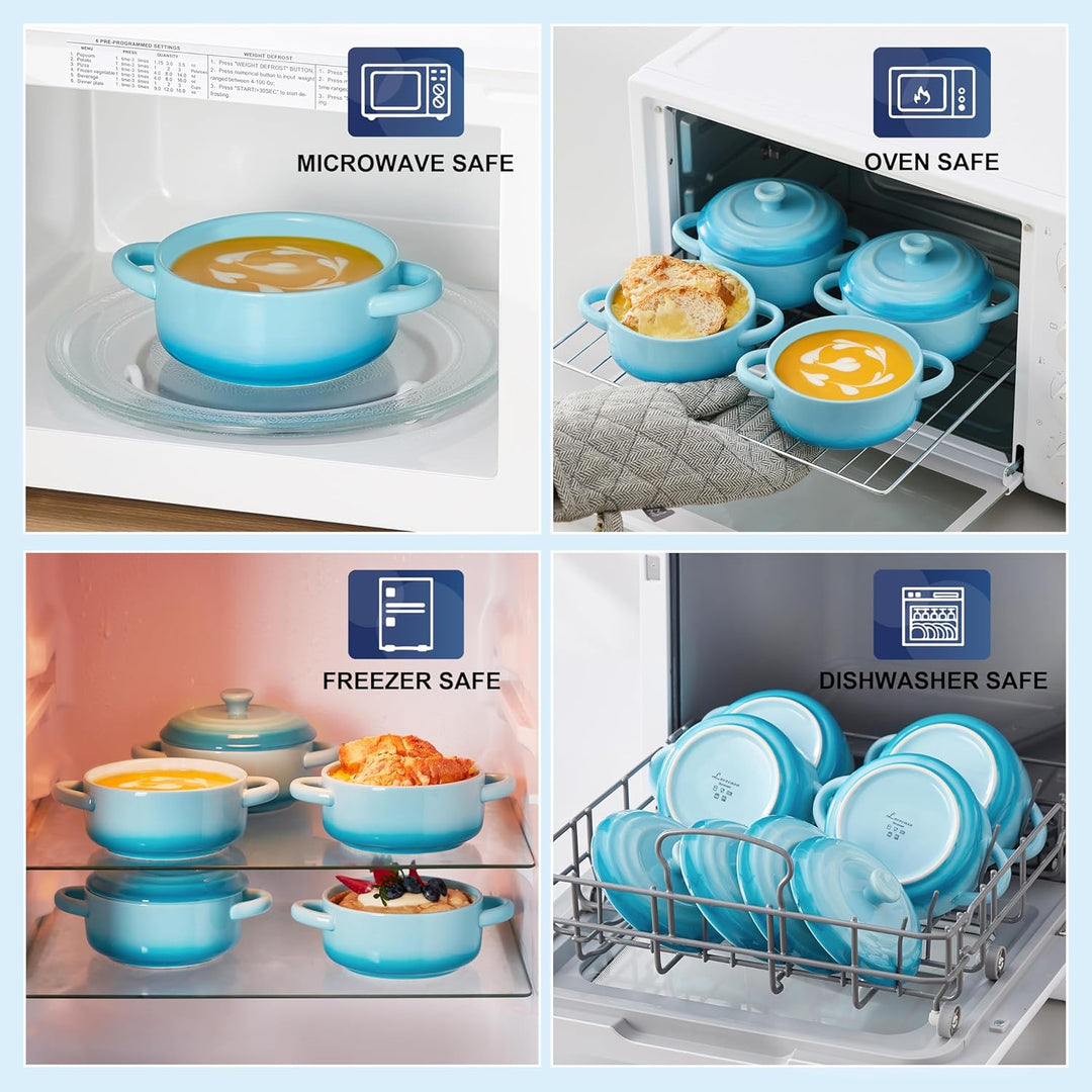 LOVECASA Kleine Auflaufform aus Steinzeug, 4 x 380 ml Mini-Cocotte mit Deckel, Souffle Förmchen Back