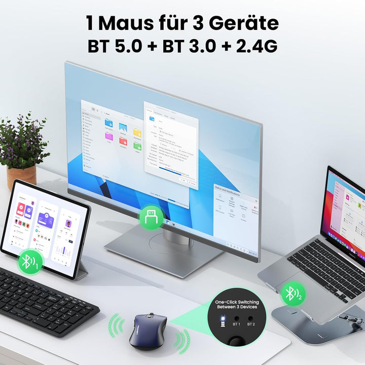 TECKNET Bluetooth Maus, PC Maus Kabellos, Wiederaufladbar Computer Maus 4800 DPI, (BT 5.0/3.0+2.4 GH
