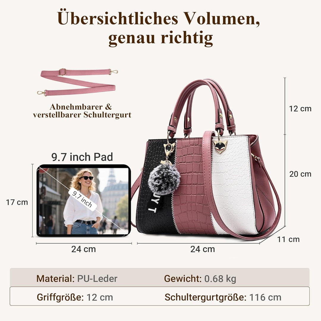 DIRRONA Damen Handtasche, PU Leder Handtasche mit Farbblock-Design und elegantem Anhänger, stilvolle