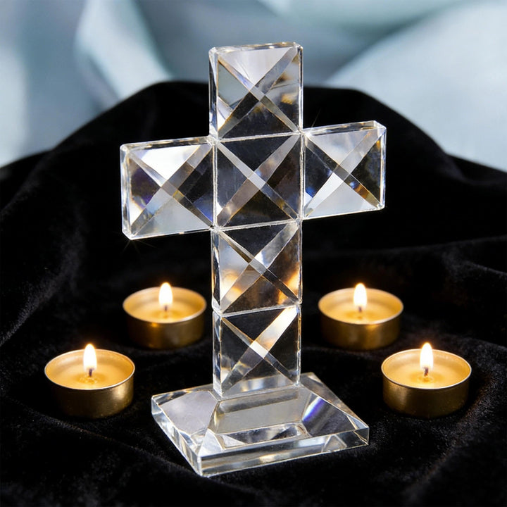 QFkris Traditionelles Kreuz mit Kristallkreuz auf Basis, 12,7 cm hoch, Glas, Tischplatte, Kreuz, chr