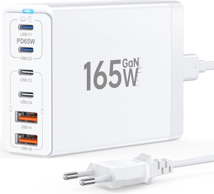 USB C Ladegerät, 165W GaN 6 Port USB C Netzteil, Schnellladegerät PD 3.0 Power Adapter, USB Mehrfach