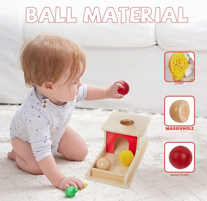 Adena Montessori Full Size Object Permanence Box mit Tablett DREI Bälle (Holz, Kunststoff, gestrickt