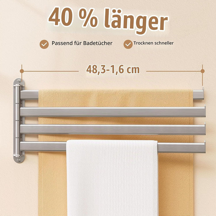 KES Handtuchhalter Schwenkbar Handtuchstange 4 Armig Bad Edelstahl SUS304 Badetuchhalter 50CM 180° D