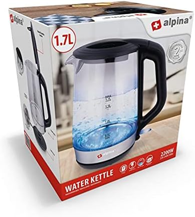 alpina Wasserkocher - Elektrisch - LED - Glas - Edelstahl - Schnurlos - 1,7 Liter, Glas