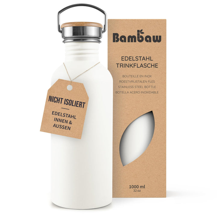 Bambaw Edelstahl Flasche 1l, Nicht-isolierte Trinkflasche Weiss, Trinkflasche 1l Schraubverschluss,