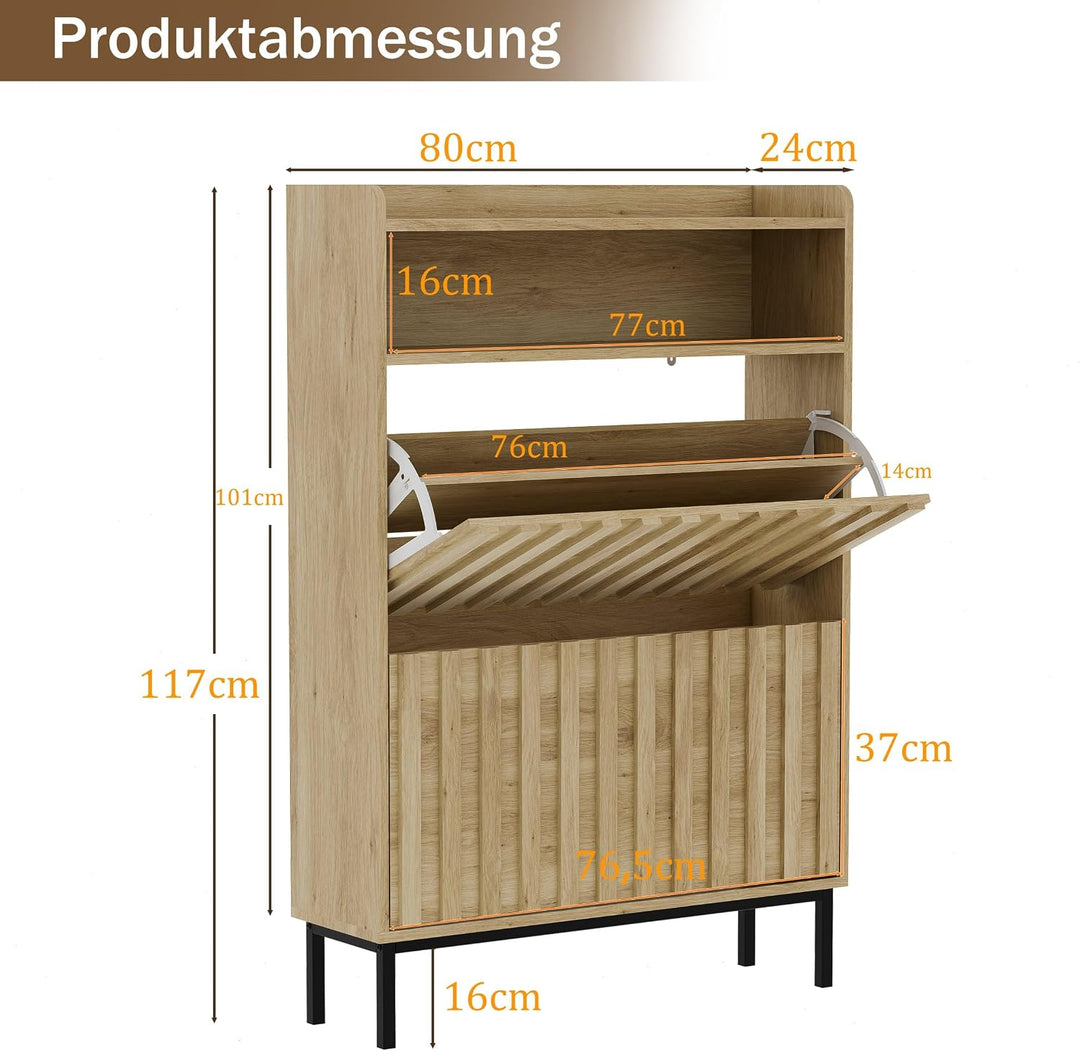 UEV Schuhschrank mit 2 Klappen Schmal, Schuhkipper für Flur Wohnzimmer, Schuhkommode mit Kippschutz,