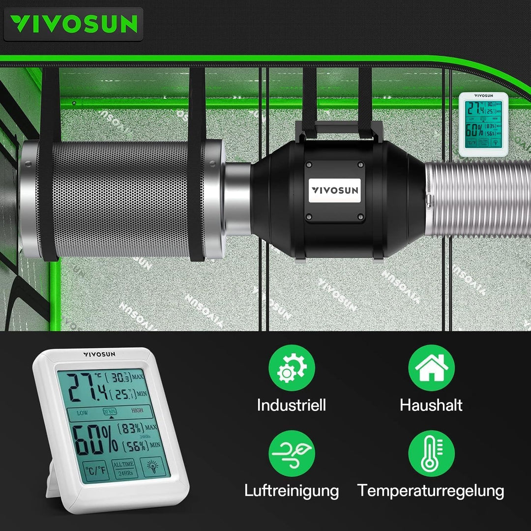 VIVOSUN Inline-Rohrventilator 200mm Abluftventilator 1223m³/h mit Drehzahlregler 200mm Aktivkohlefil