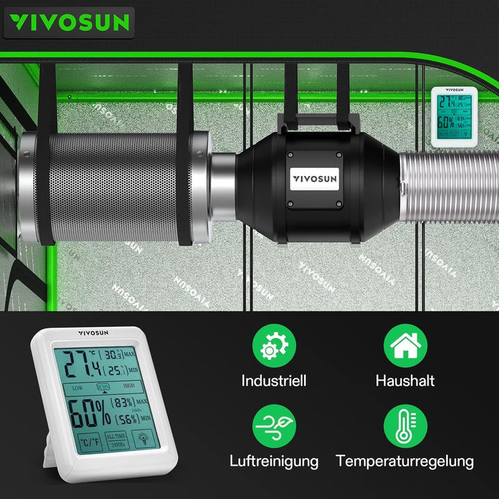 VIVOSUN Inline-Rohrventilator 200mm Abluftventilator 1223m³/h mit Drehzahlregler 200mm Aktivkohlefil