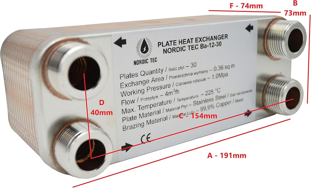 Edelstahl Plattenwärmetauscher Nordic Tec Ba-12-30 30 Platten 65kW 3/4” mit Isolierung mit Wandbefes