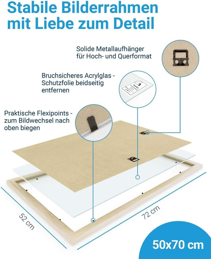 PHOTOLINI Bilderrahmen 50x70 Holz MDF Natur 3er Set, 50x70 cm Bilderrahmen gross, Rahmen 70x50 Puzzl