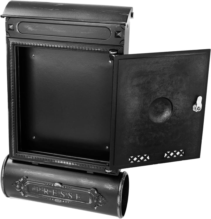 HMF Briefkasten Antik mit Zeitungsfach, Vintage Postkasten aus Aluguss | 57 x 35 x 10 cm | Schwarz-S