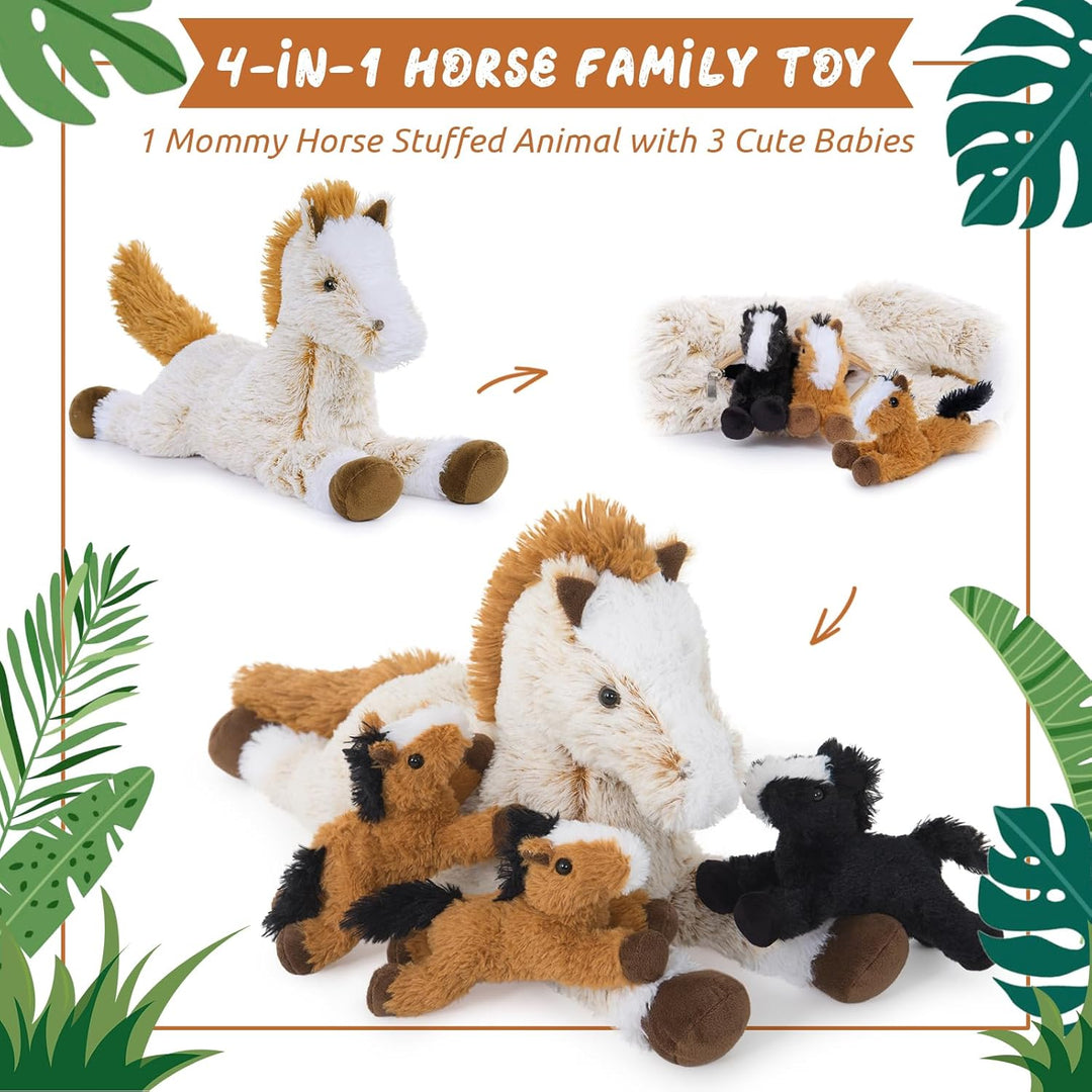 MorisMos 54cm riesen Pferd Kuscheltier XXL mit 3 Baby Pony im Bauch, gross Plüschpferd Kuscheltiere