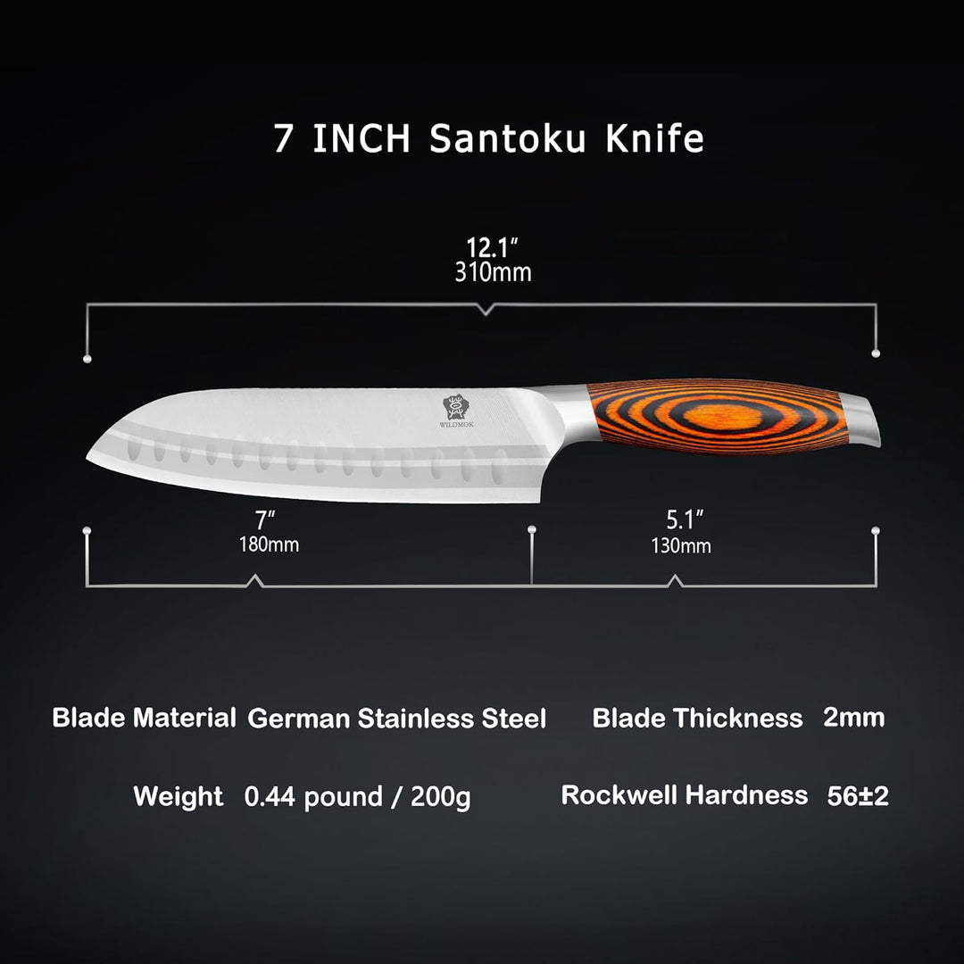 WILDMOK 18cm Santoku Messer Asiatischer Art, Santokumesser, Deutsch Edelstahl Küchenmesser mit ergon