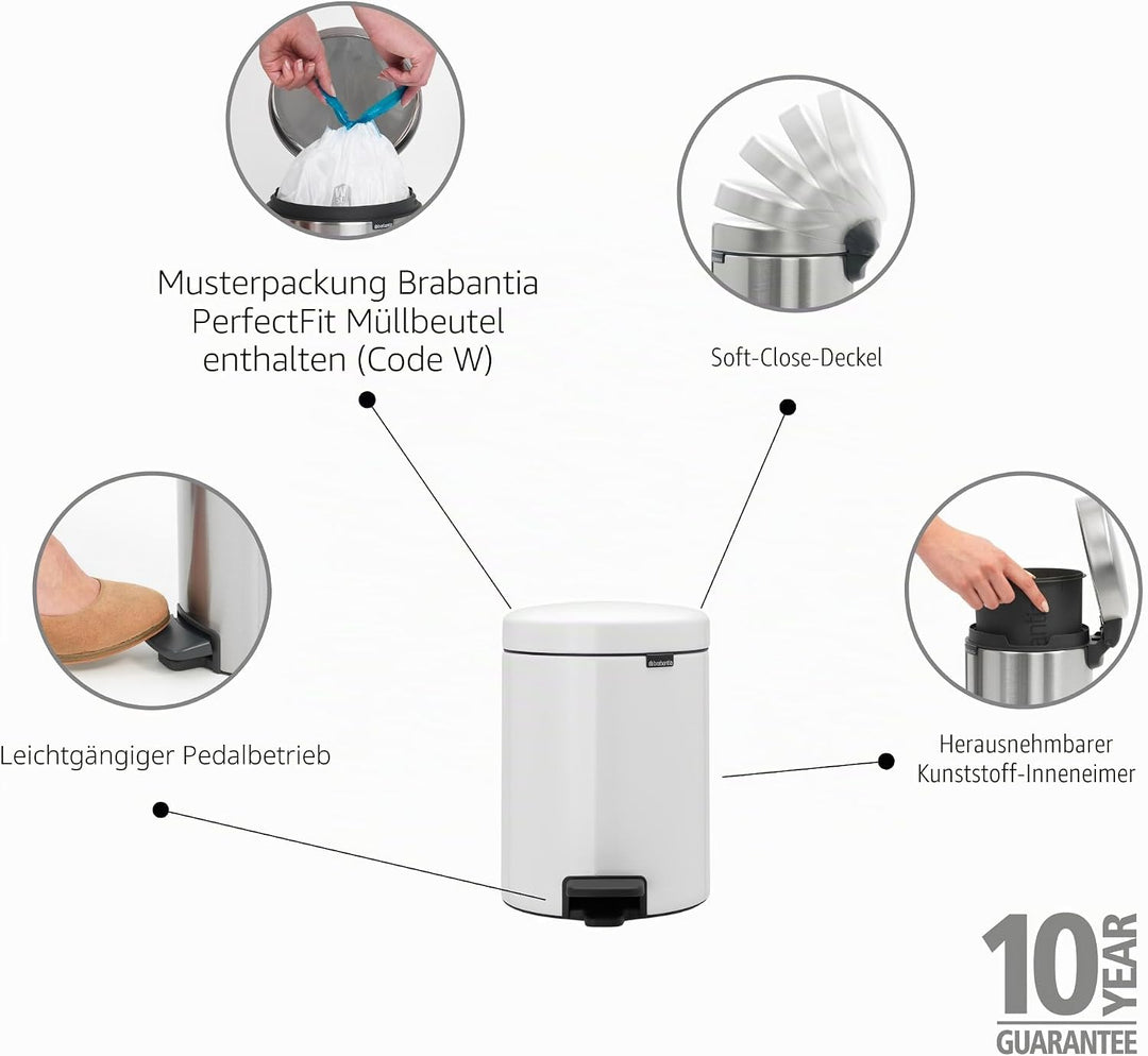 Brabantia Treteimer mit Inneneimer aus Kunststoff, Stahl, 5 Liter, Weiss, 5L 5 Liter White, 5 Liter