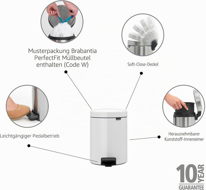 Brabantia Treteimer mit Inneneimer aus Kunststoff, Stahl, 5 Liter, Weiss, 5L 5 Liter White, 5 Liter
