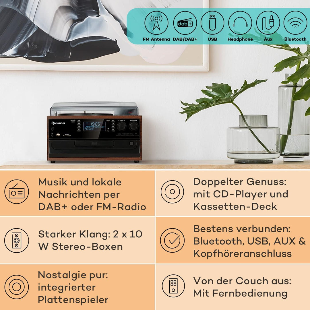Auna Plattenspieler für Schallplatten, Plattenspieler mit Lautsprecher, CD-Player, USB & DAB Radio,