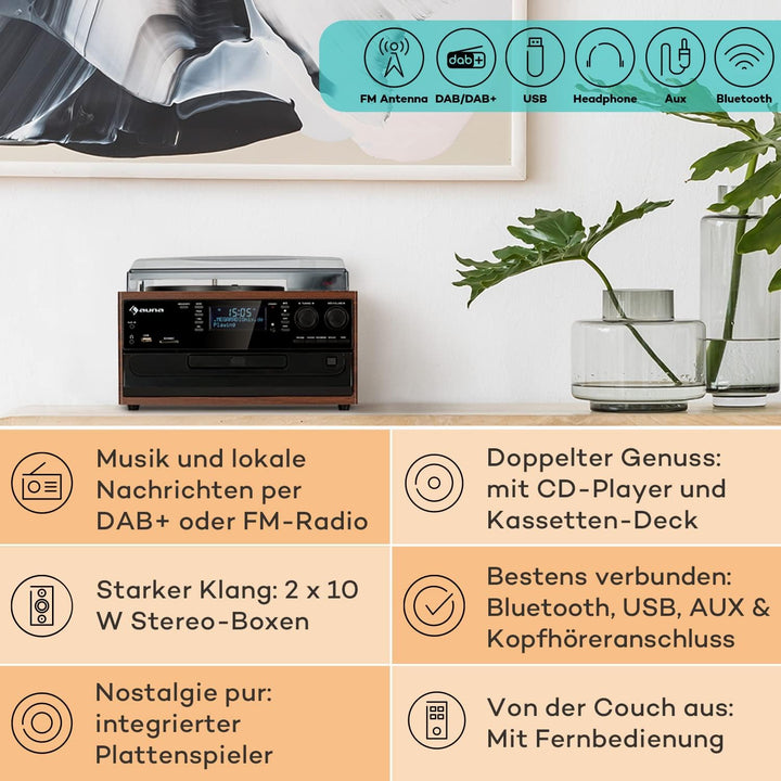 Auna Plattenspieler für Schallplatten, Plattenspieler mit Lautsprecher, CD-Player, USB & DAB Radio,