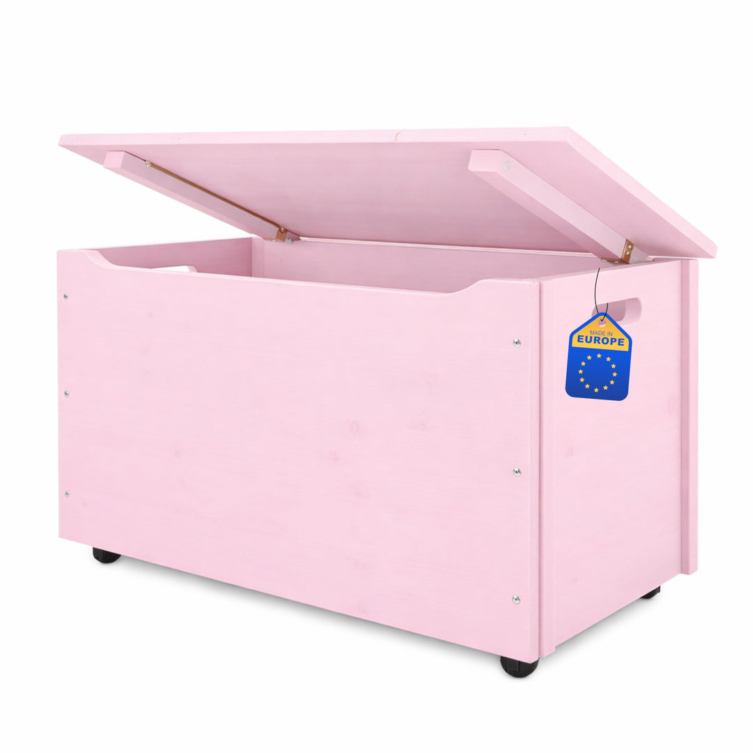 Pinus Spielzeugkiste 90x48x51 cm mit Deckel Rollen Kinderzimmer Rosa | Kiefernholz, grosse Aufbewahr