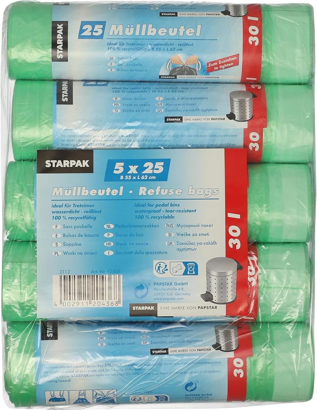 PAPSTAR 1 Karton = 5x125 Müllbeutel zum Zuziehen, HDPE 30 l 62 cm x 55 cm grün 12436