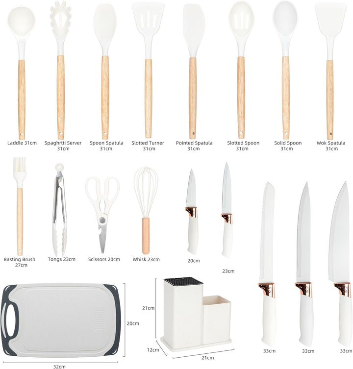 EliteHoff Küchenmesser-Set 19-teilig – Silikon-Küchenutensilien-Set mit Holzgriffen, 5 Messer, 12 Ko