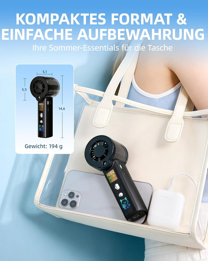 Handventilator mit Wasserkühlung, 30000 U/min Mini Ventilator Akku 3000mAh, 1-100 Stufen Tragbarer V