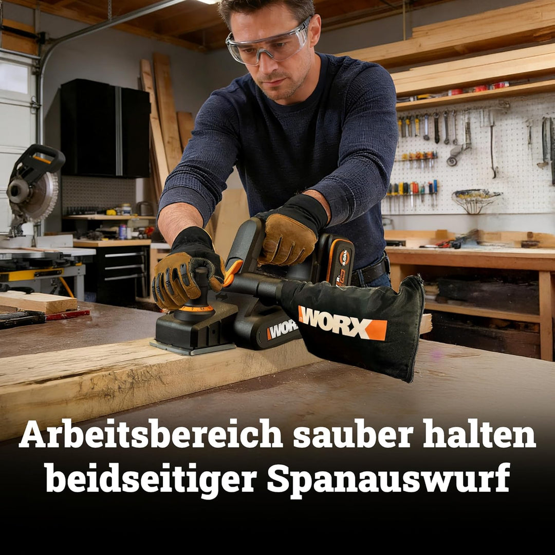 WORX WX620.9 Akku Hobel 20V, 82 mm Hobelbreite, Brushless Motor, 0–2 mm Spanabnahme, Falztiefe 0–8 m