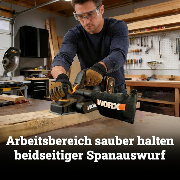 WORX WX620.9 Akku Hobel 20V, 82 mm Hobelbreite, Brushless Motor, 0–2 mm Spanabnahme, Falztiefe 0–8 m