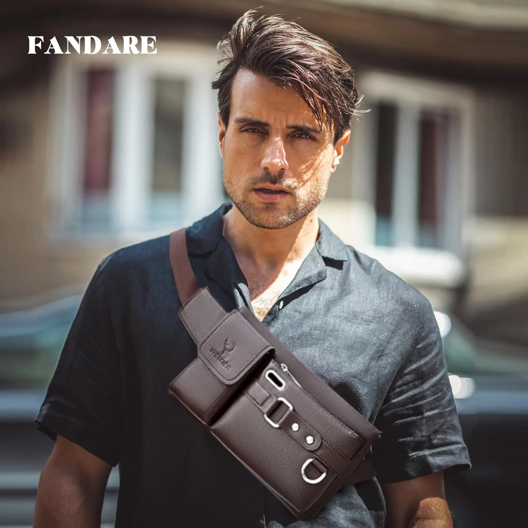FANDARE Sling Bag Leder Brusttasche Umhängetasche Schultertasche Herren Bauchtasche Tasche Rucksack