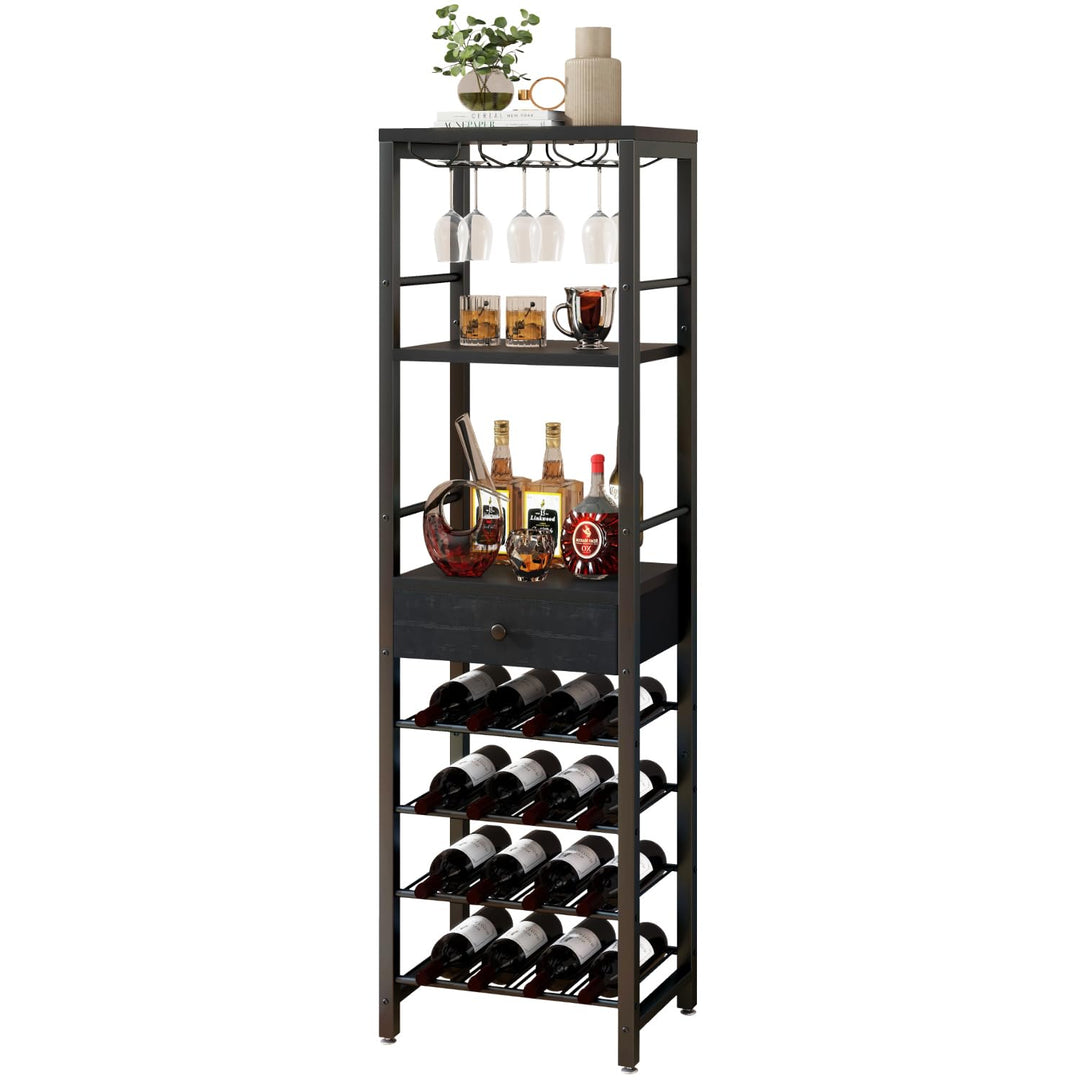 IBUYKE Weinregal, 4-Lagiges Freistehendes Weinregal Mit Glashalter Und Schublade, 16 Flaschenregal C