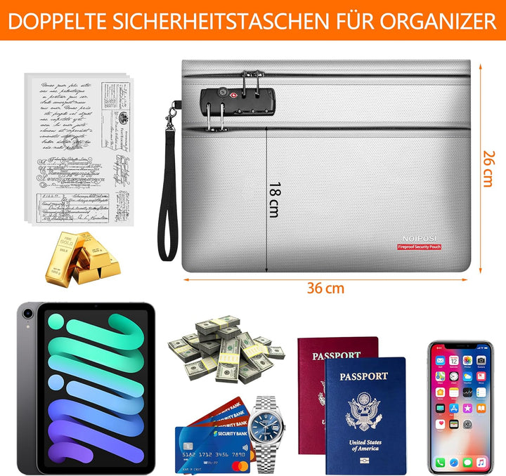 Noiposi 6400℉ Feuerfeste Dokumententasche mit Schloss, 12-lagige Wärmedämmung | Doppeltem Reissversc