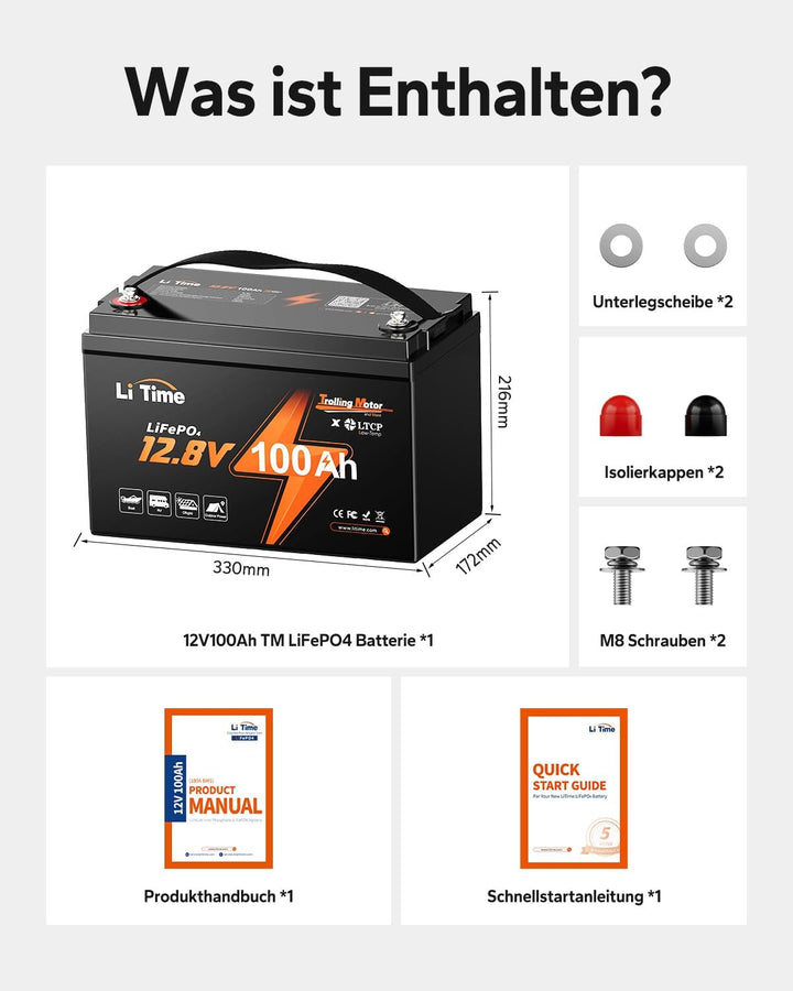 LiTime 12V 100Ah LiFePO4 Trolling Motor-Batterie mit Tieftemperaturschutz - 1280Wh Kapazität & 4000+