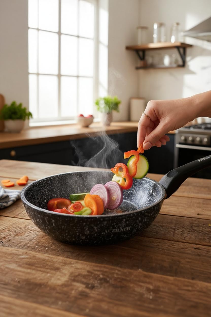 Wokpfanne 24 cm - Tiefe Pfanne mit Granit-Beschichtung - für alle Herdarten - für Asiatische Küche u