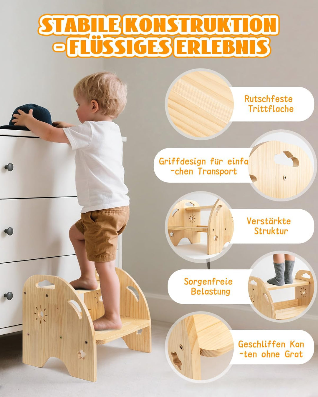Tritthocker Kinder Holz 2 Stufen – Rutschfester Kinderhocker mit Griff – 200kg Belastbarkeit für Küc