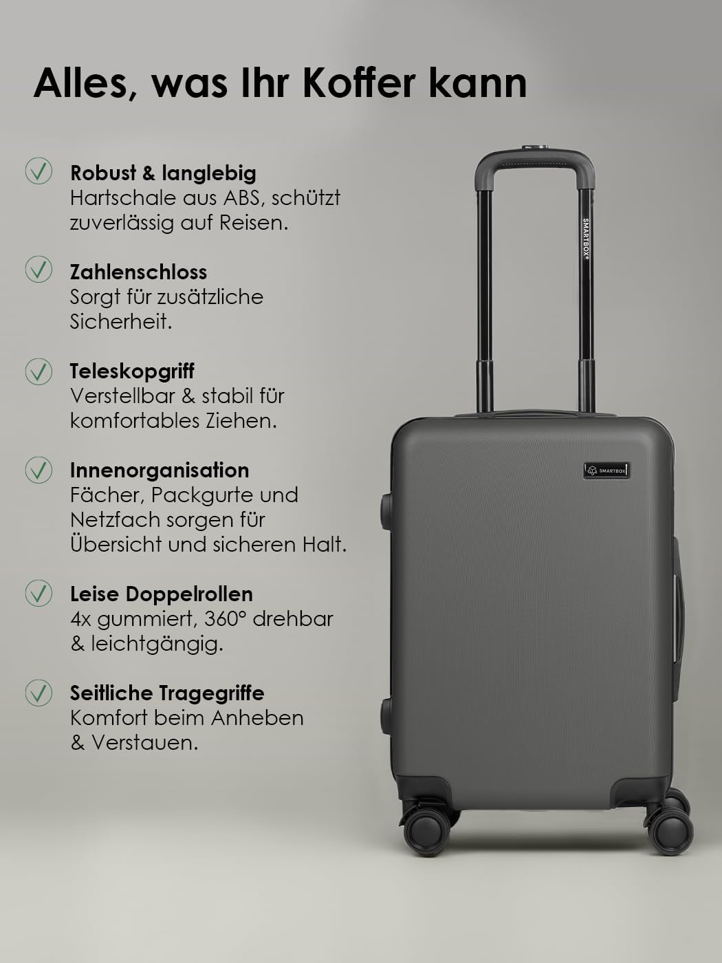 SMARTBOX Hartschalen-Kabinenkoffer 55x40x23 cm ABS 4-Doppelrollen | Edition 05, Volumen 41 L, Zahlen