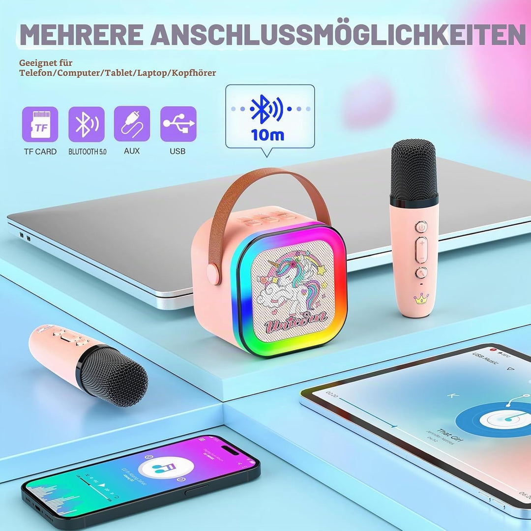 Dislocati Karaoke Maschine mit 2 Bluetooth Karaoke Mikrofon, Einhorn Geschenk Spielzeug für Mädchen