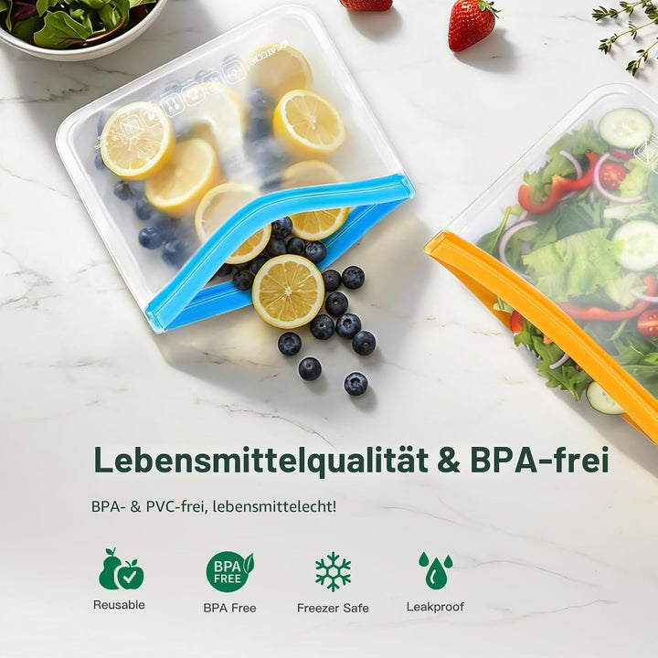 IDEATECH 15 Stück Wiederverwendbare Silikonbeutel-Set – Wasserfeste Zip-Gefrierbeutel für den Tiefkü