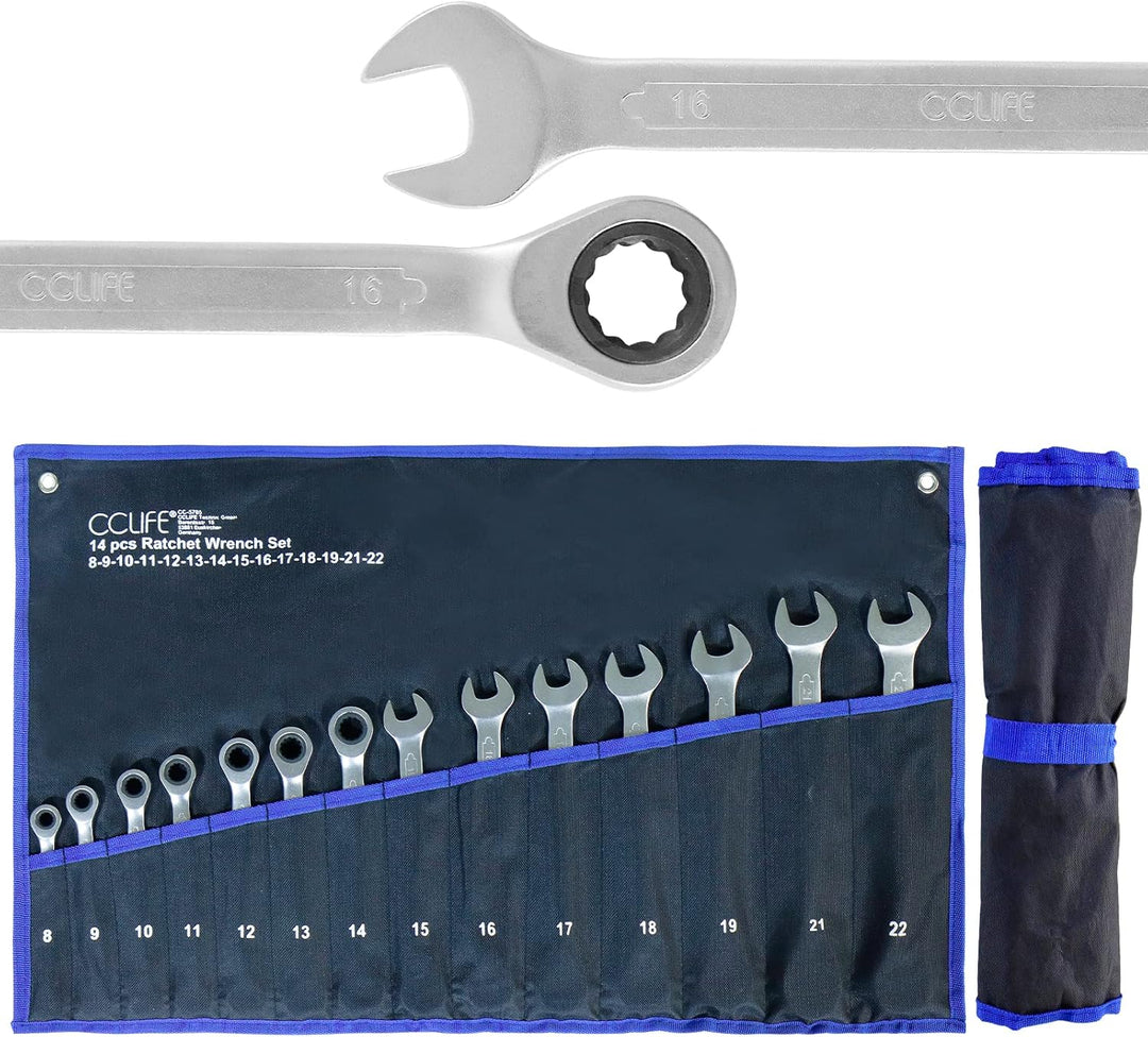 CCLIFE 14tlg Ratschenschlüssel Set 8-22mm Ratschen Ring Maulschlüssel Set | Cr-V | 72 Zähnen 14tlg 8
