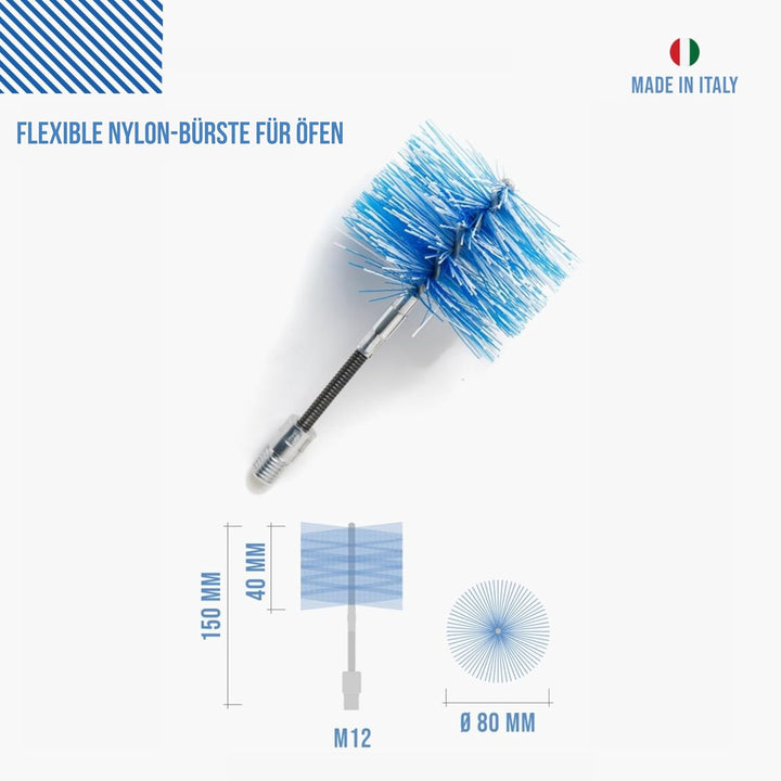 BARETTO Flex Reinigungsset für Pelletöfen | Ø 80 mm | 3 m BLAU | 1 Nylonbürste mit verstärktem Gelen