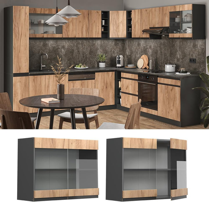 Vicco Küchenschrank Glas R-Line, Goldkraft Eiche/Anthrazit, 80 cm J-Shape Goldkraft Eiche Hängeglass