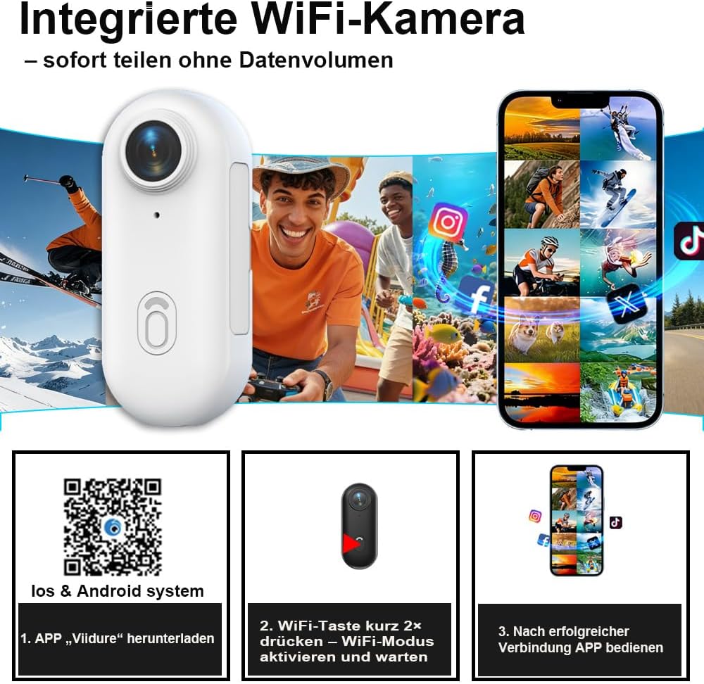 Winnes 4K Action Camera Mini Daumengrösse Sportkamera POV Kamera 4K WiFi Helm Action Camera Magnetmo
