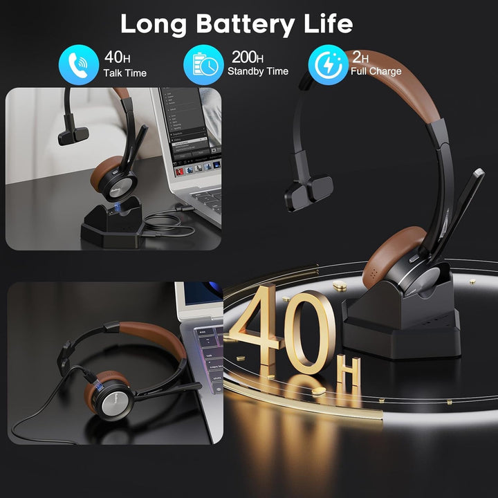 Bluetooth Headset, Mono Wireless Headset mit Mikrofon und Rauschunterdrückung & USB-Dongle, Kabellos