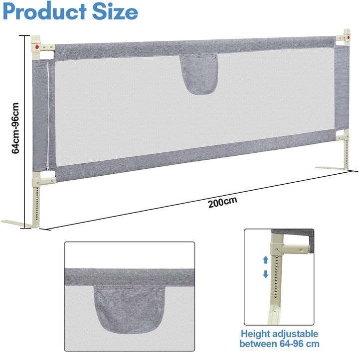 Ikodm 200cm Bettgitter für Kinder, Bettschutzgitter Höhenverstellbar von 64-96cm, Rausfallschutz Bet