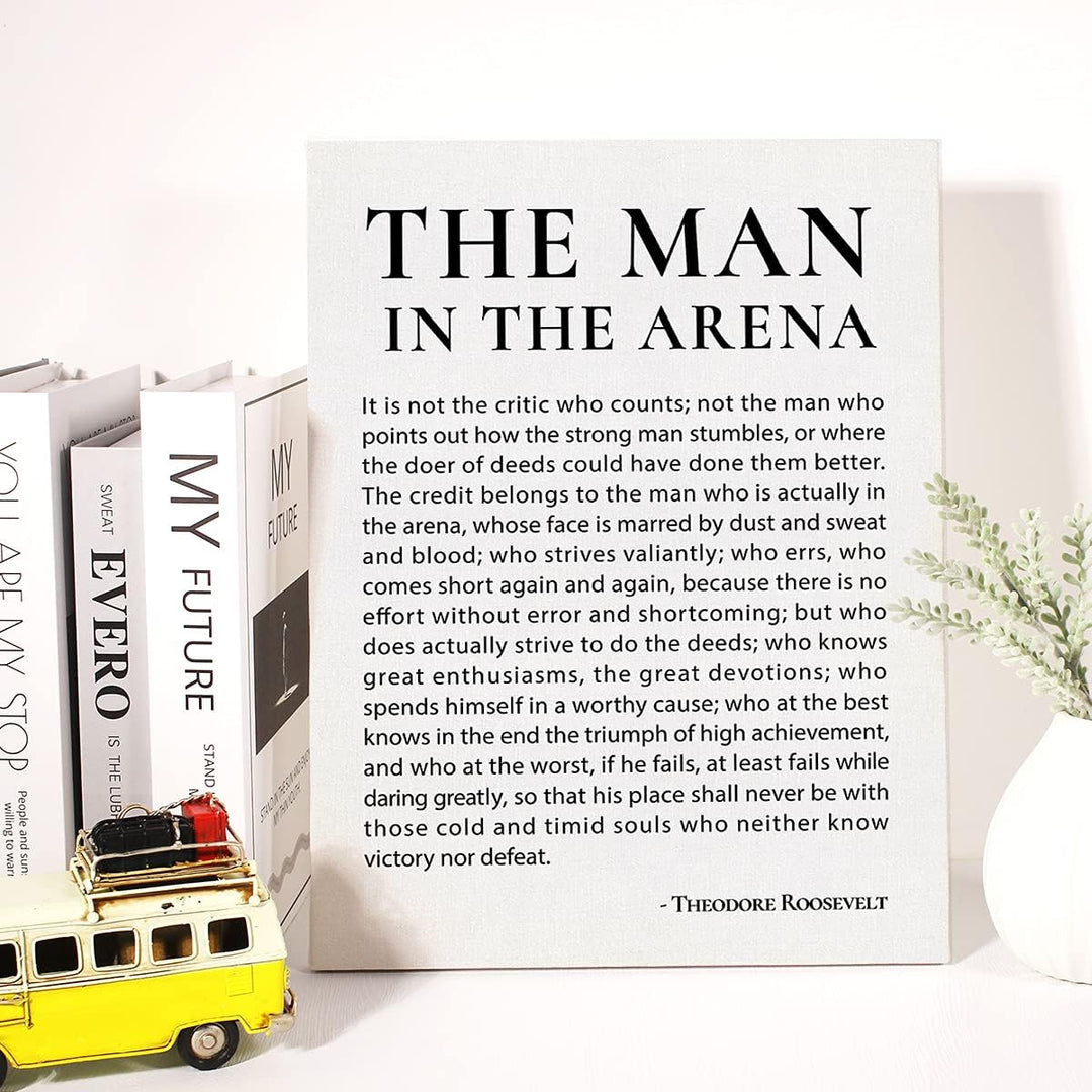 Inspirierender Leinwanddruck mit Zitat "Der Mann in der Arena" und "Positive Theodore Roosevelt"-Spr