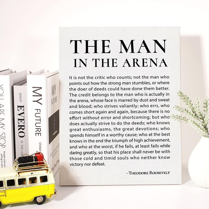 Inspirierender Leinwanddruck mit Zitat "Der Mann in der Arena" und "Positive Theodore Roosevelt"-Spr