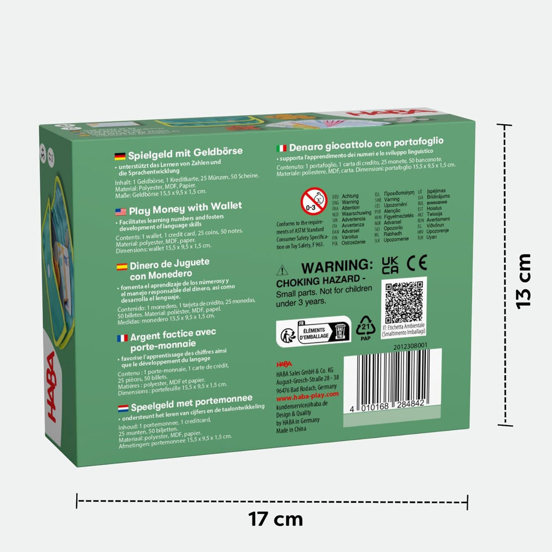 HABA Creative Play Spielgeld-Set – Geldbeutel für Kinder mit Holzmünzen, Geldscheinen & Spielgeld –