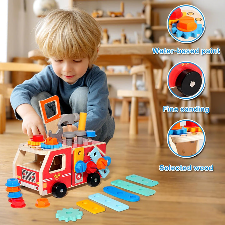 Holz werkzeugkoffer Kinder Autostil 32 Stück,Montessori Spielzeug ab 2 3 4 5 Jahre,Hochwertige Mater