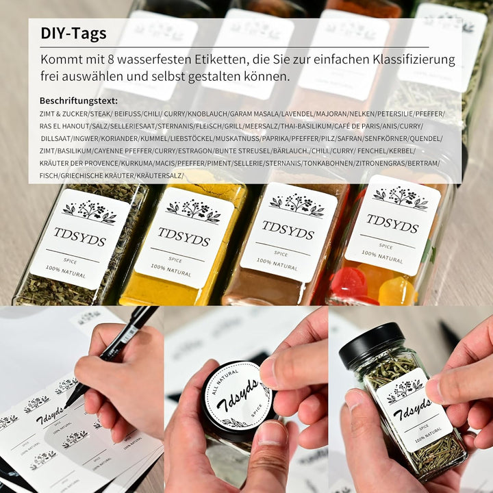 TDSYDS 24 Gewürzgläser Eckig mit Streueinsatz,Edelstahl Schwarz Deckel Gewürzdosen Set 120ml,Gewürzs